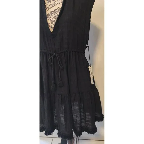 Robin Piccone Natalie Black Cover-Up Dress Drawstring Waist Fringe Hem Medium - Picture 5 of 7